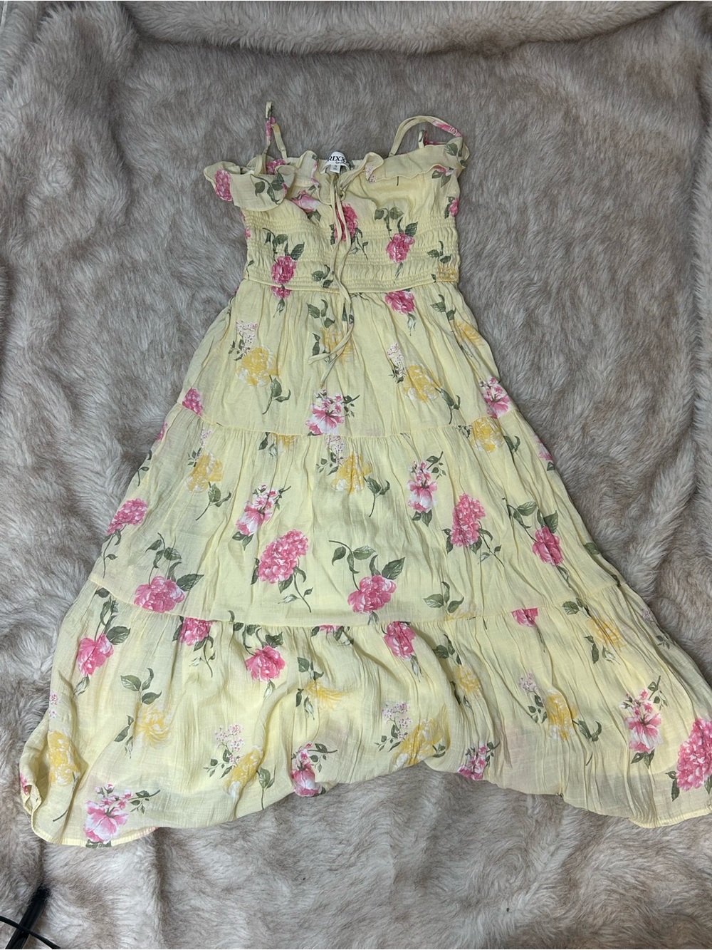 Trixxi Yellow Floral Tiered Sundress with Pink & Yellow Blooms